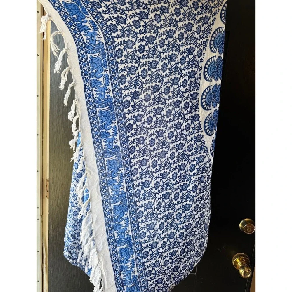 Blue White Mandala Elephant Print Sarong Wrap Beach Cover Up Fringe Tassel Shawl